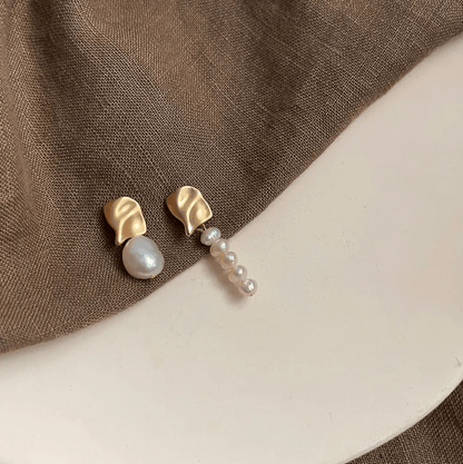 Gold Wave Asymmetric Freshwater Pearl Earrings - - 18k Gold Plated Waterproof Jewellery - Collection 9