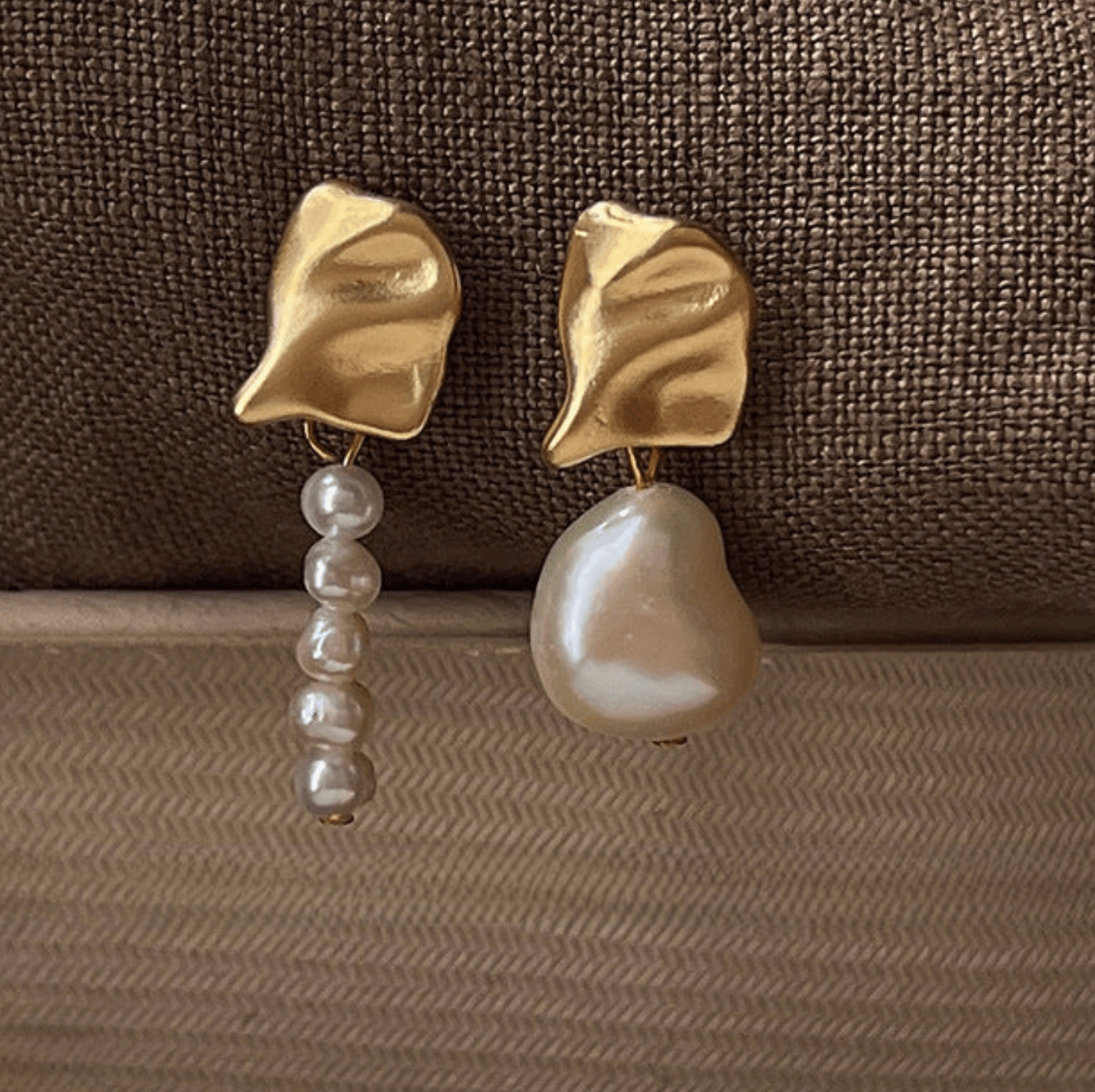 Gold Wave Asymmetric Freshwater Pearl Earrings - - 18k Gold Plated Waterproof Jewellery - Collection 9