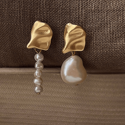 Gold Wave Asymmetric Freshwater Pearl Earrings - - 18k Gold Plated Waterproof Jewellery - Collection 9