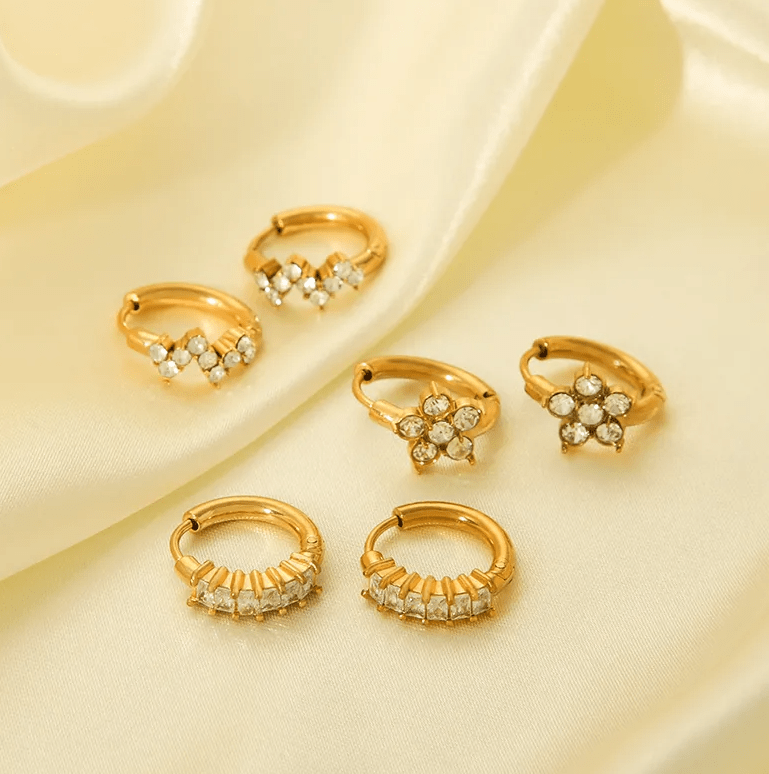 Gold & White Crystal Huggie Earrings - - 18k Gold Plated Waterproof Jewellery - Collection 9
