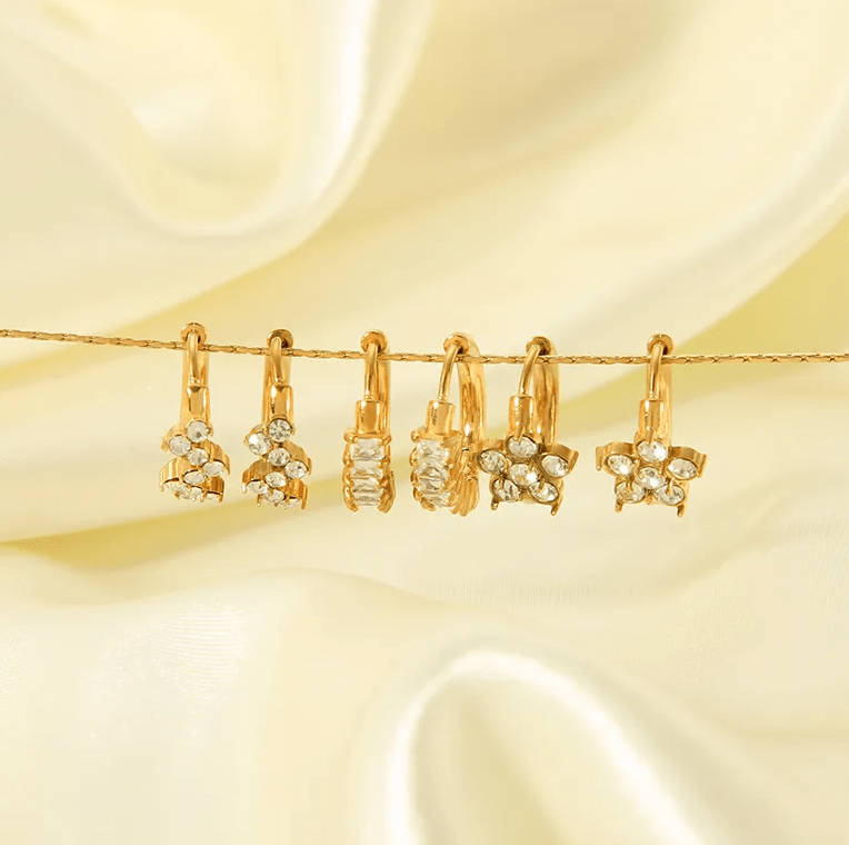 Gold & White Crystal Huggie Earrings - - 18k Gold Plated Waterproof Jewellery - Collection 9