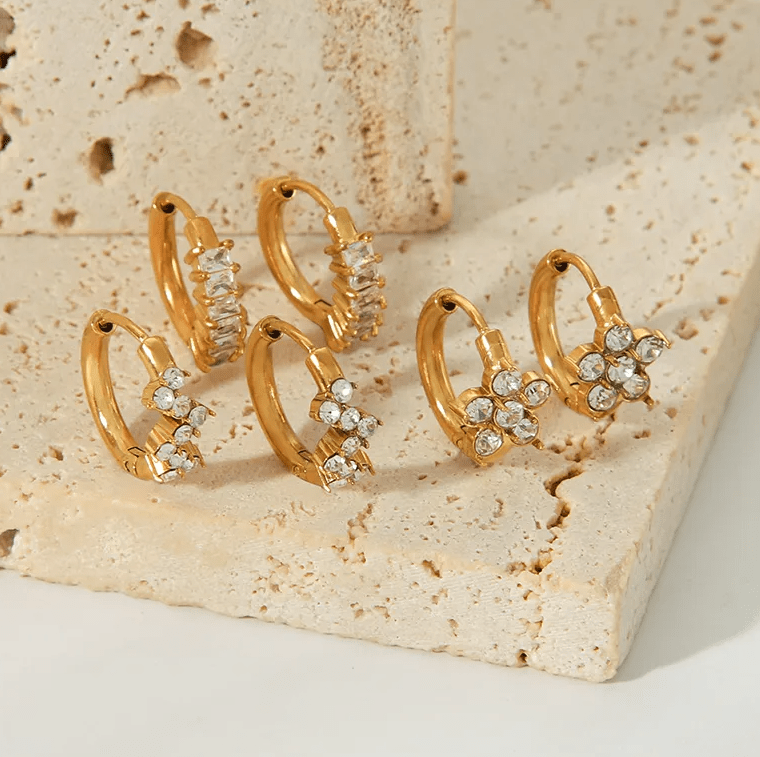 Gold & White Crystal Huggie Earrings - - 18k Gold Plated Waterproof Jewellery - Collection 9