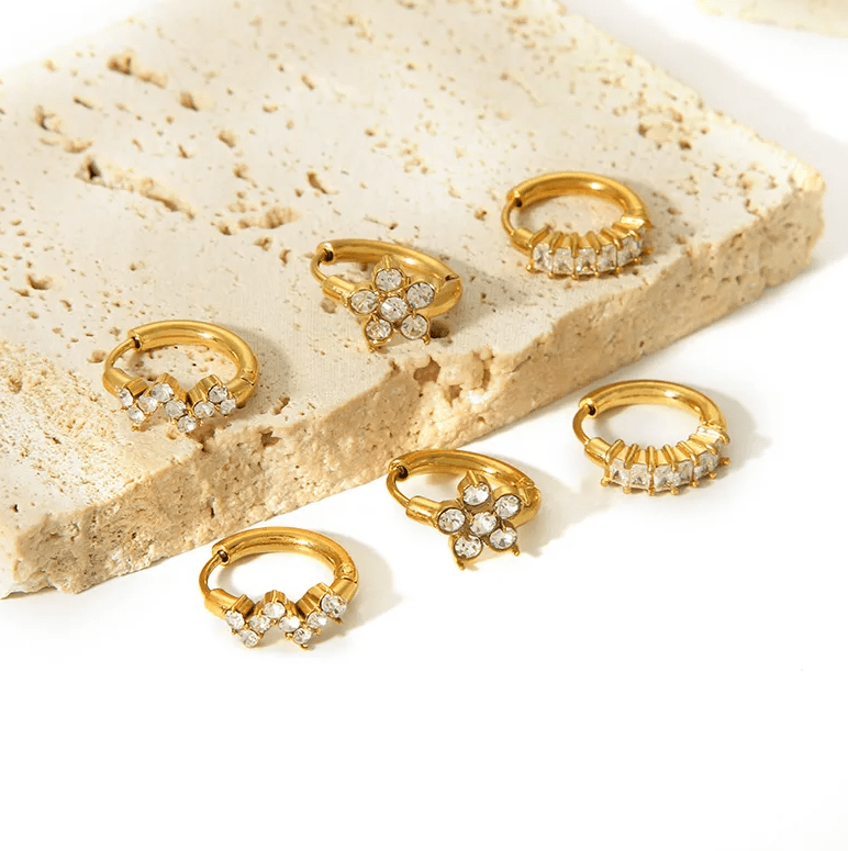 Gold & White Crystal Huggie Earrings - - 18k Gold Plated Waterproof Jewellery - Collection 9