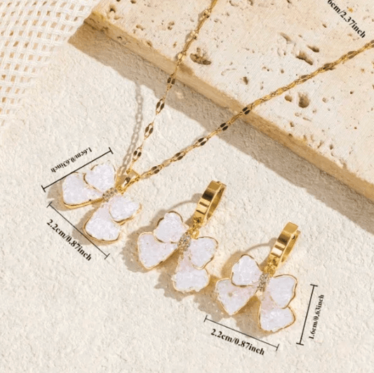Gold White Enamel Bow Crystal Jewelry Set - - 18k Gold Plated Waterproof Jewellery - Collection 9