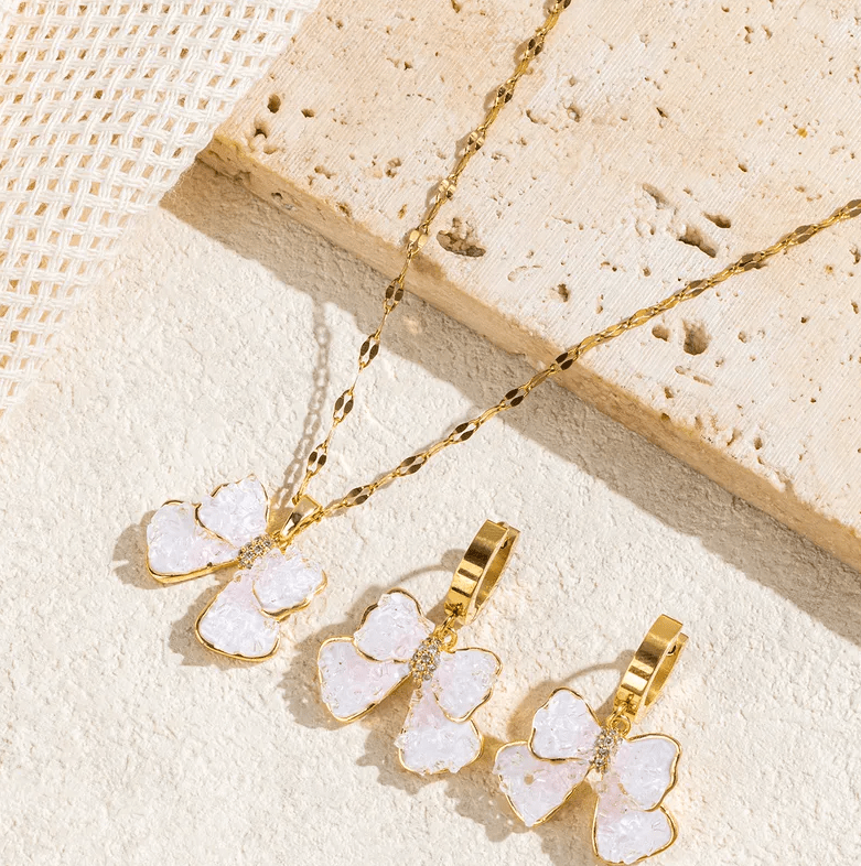 Gold White Enamel Bow Crystal Jewelry Set - - 18k Gold Plated Waterproof Jewellery - Collection 9