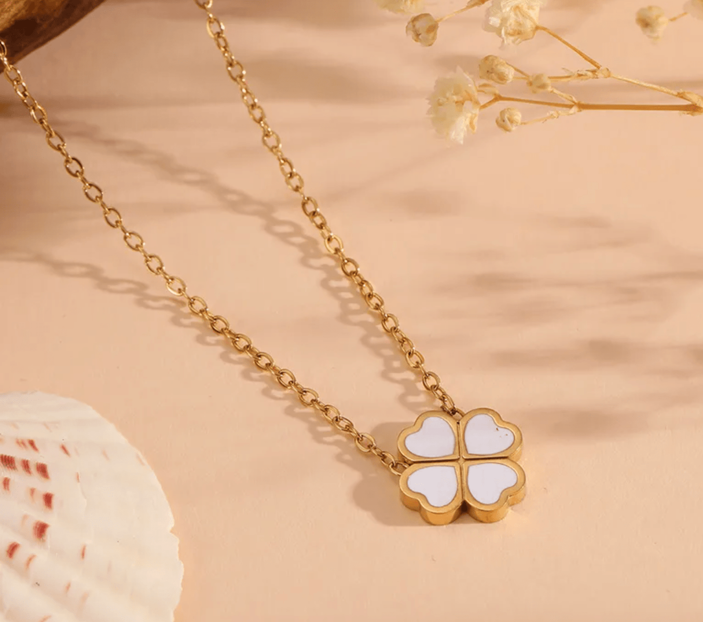 Gold White Shell Four Leaf Clover Pendant Cable Chain Necklace - Necklaces - 18k Gold Plated Waterproof Jewellery - Collection 9