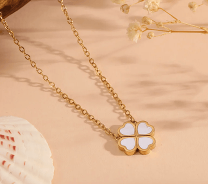 Gold White Shell Four Leaf Clover Pendant Cable Chain Necklace - Necklaces - 18k Gold Plated Waterproof Jewellery - Collection 9