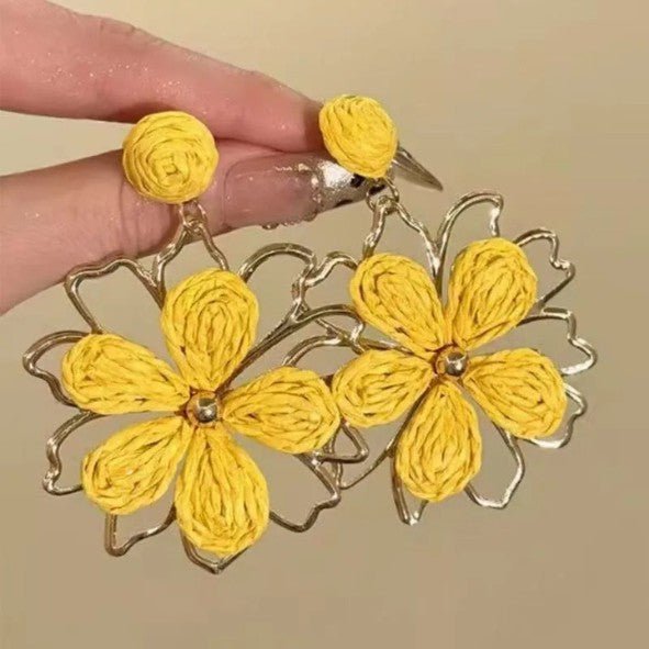 Gold Wire Flower Frame & Yellow Raffia Petal Drop Earrings - Drop Earrings - 18k Gold Plated Waterproof Jewellery - Collection 9