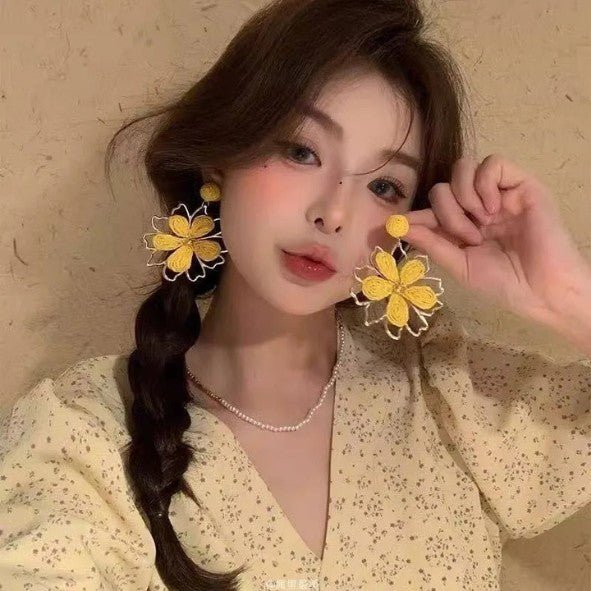 Gold Wire Flower Frame & Yellow Raffia Petal Drop Earrings - Drop Earrings - 18k Gold Plated Waterproof Jewellery - Collection 9
