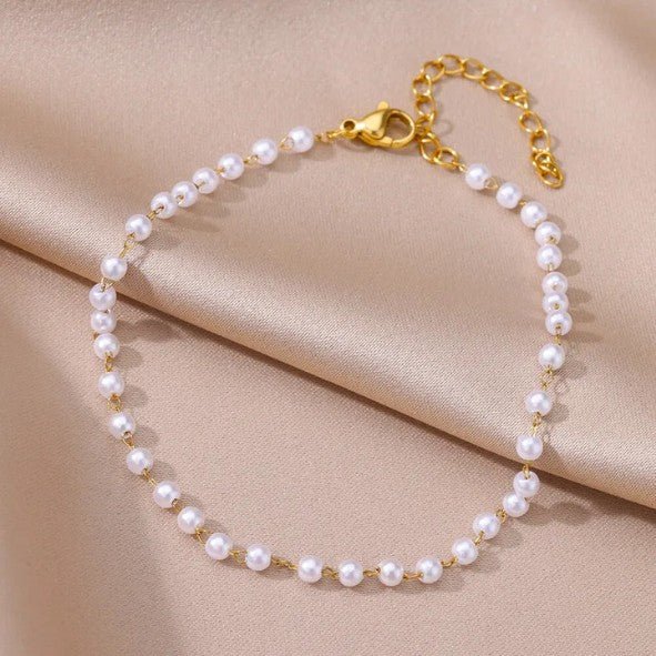 Gold Wire-Linked White Pearl Bead Anklet - Anklets - 18k Gold Plated Waterproof Jewellery - Collection 9