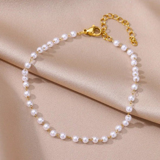 Gold Wire-Linked White Pearl Bead Anklet - Anklets - 18k Gold Plated Waterproof Jewellery - Collection 9