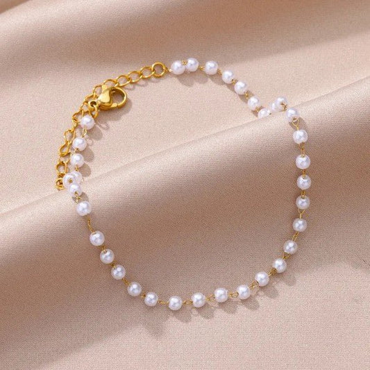 Gold Wire-Linked White Pearl Bead Anklet - Anklets - 18k Gold Plated Waterproof Jewellery - Collection 9