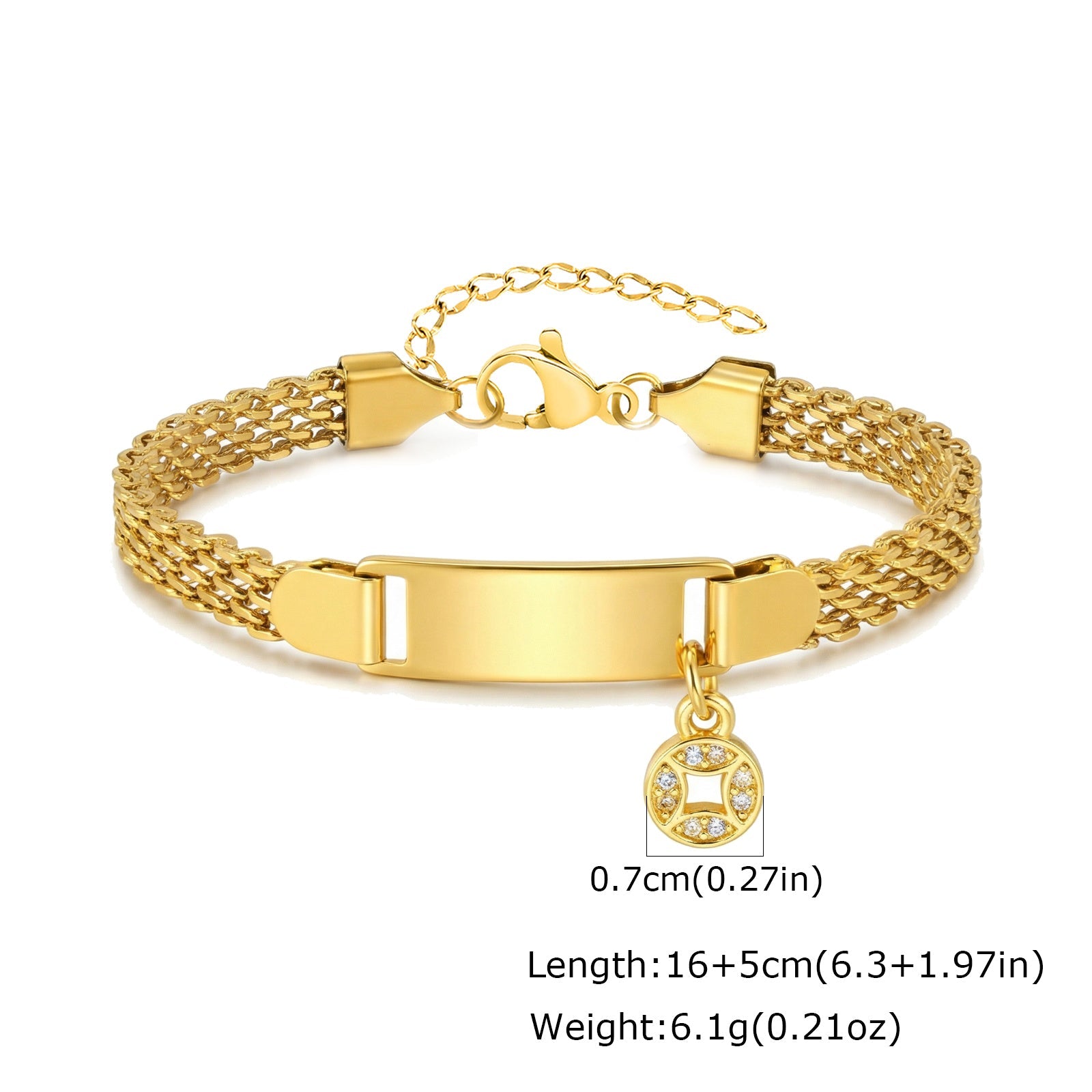Gold Woven Mesh ID Bar Zircon Coin Charm Bracelet - Bracelets - 18k Gold Plated Waterproof Jewellery - Collection 9