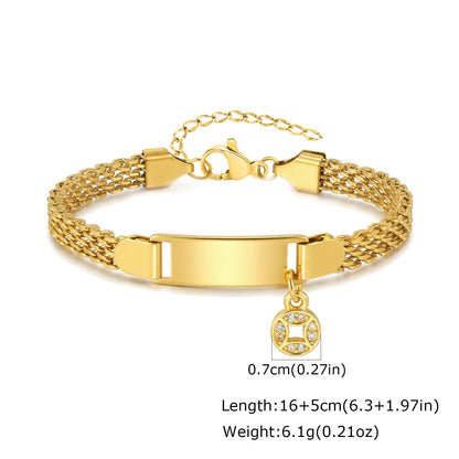 Gold Woven Mesh ID Bar Zircon Coin Charm Bracelet - Bracelets - 18k Gold Plated Waterproof Jewellery - Collection 9