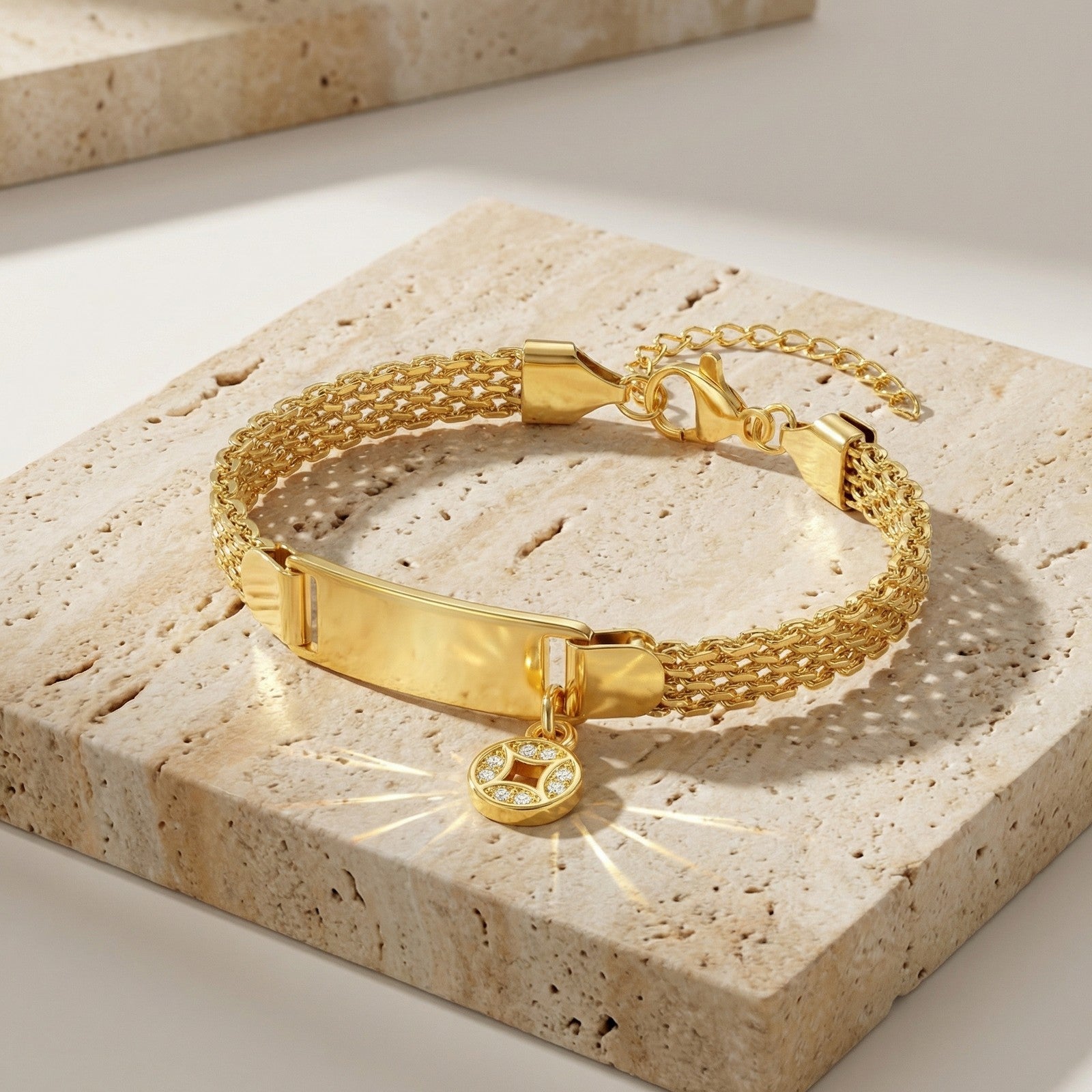 Gold Woven Mesh ID Bar Zircon Coin Charm Bracelet - Bracelets - 18k Gold Plated Waterproof Jewellery - Collection 9