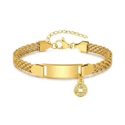 Gold Woven Mesh ID Bar Zircon Coin Charm Bracelet - Bracelets - 18k Gold Plated Waterproof Jewellery - Collection 9