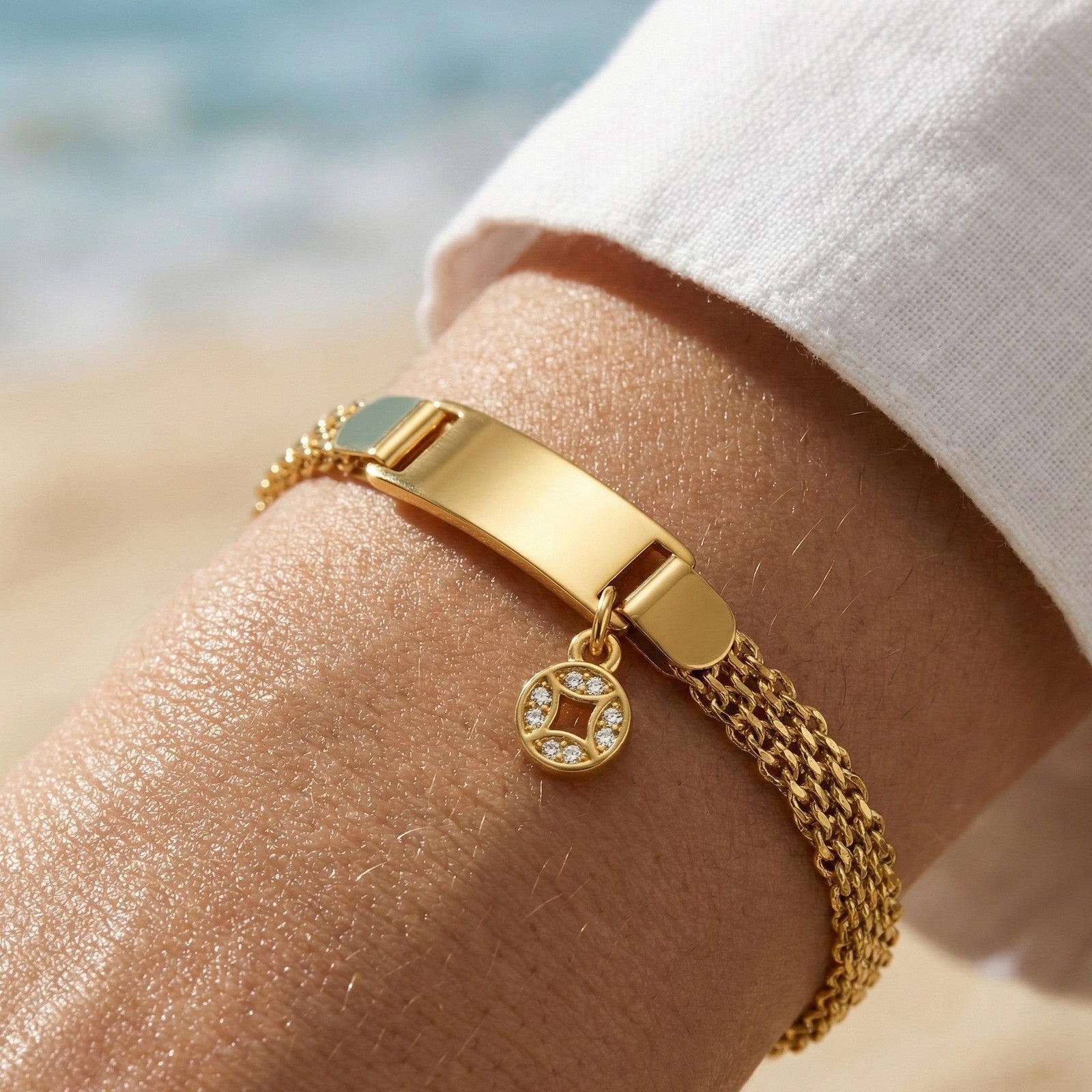 Gold Woven Mesh ID Bar Zircon Coin Charm Bracelet - Bracelets - 18k Gold Plated Waterproof Jewellery - Collection 9