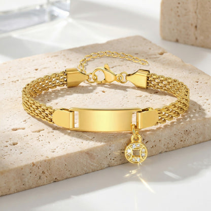 Gold Woven Mesh ID Bar Zircon Coin Charm Bracelet - Bracelets - 18k Gold Plated Waterproof Jewellery - Collection 9