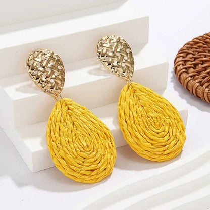 Gold Woven Texture Stud & Yellow Raffia Coil Teardrop Drop Earrings - Drop Earrings - 18k Gold Plated Waterproof Jewellery - Collection 9