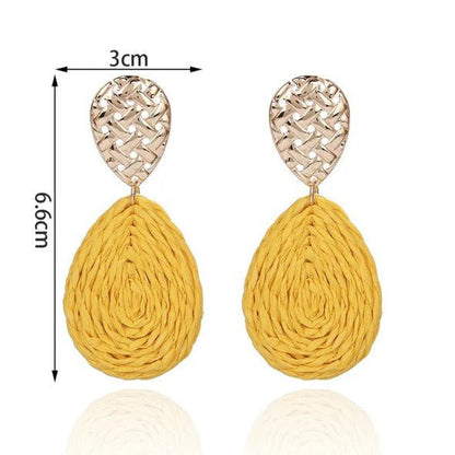 Gold Woven Texture Stud & Yellow Raffia Coil Teardrop Drop Earrings - Drop Earrings - 18k Gold Plated Waterproof Jewellery - Collection 9