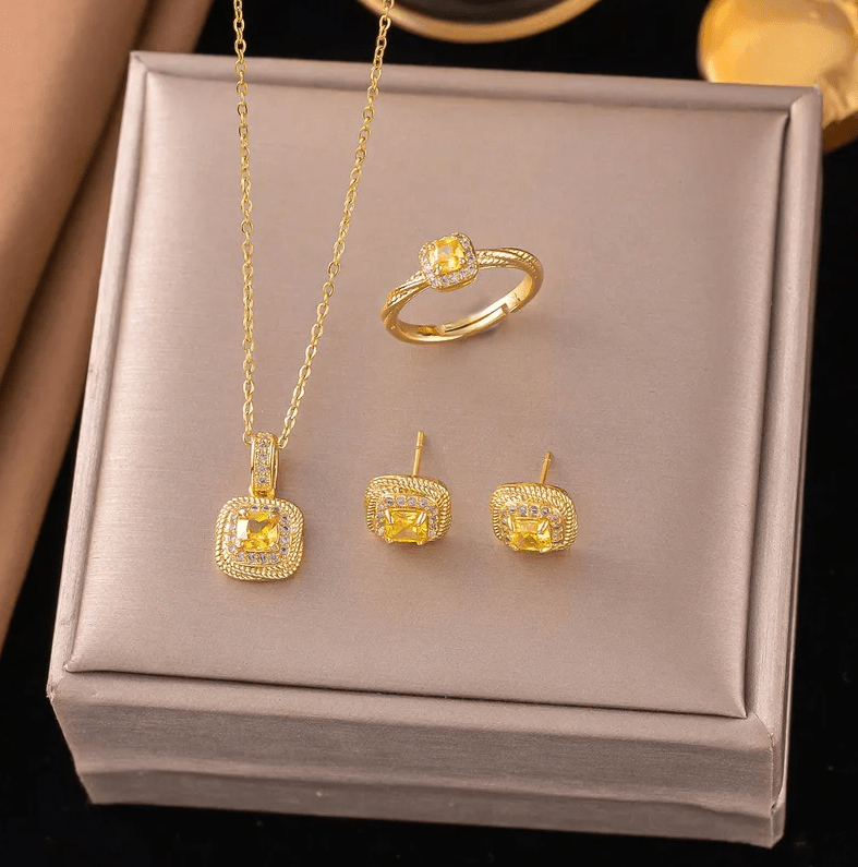 Gold Yellow Crystal Jewellery Set - Jewellery Set - 18k Gold Plated Waterproof Jewellery - Collection 9
