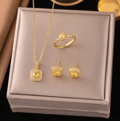 Gold Yellow Crystal Jewellery Set - Jewellery Set - 18k Gold Plated Waterproof Jewellery - Collection 9