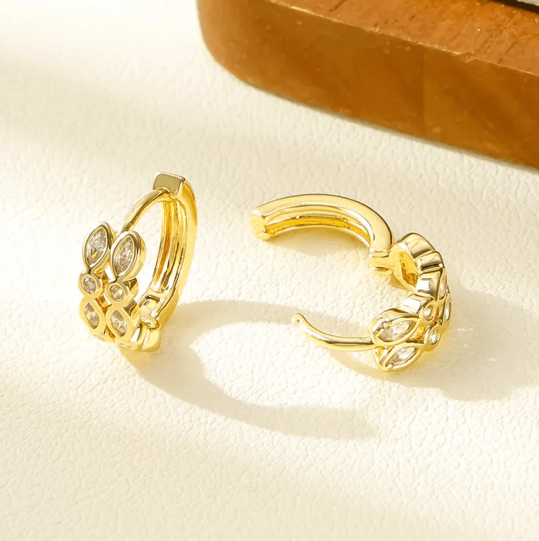 Gold Zircon Leaf Huggie Earrings - - 18k Gold Plated Waterproof Jewellery - Collection 9