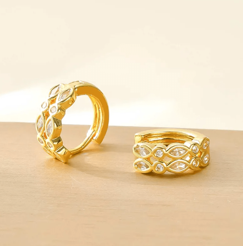 Gold Zircon Leaf Huggie Earrings - - 18k Gold Plated Waterproof Jewellery - Collection 9