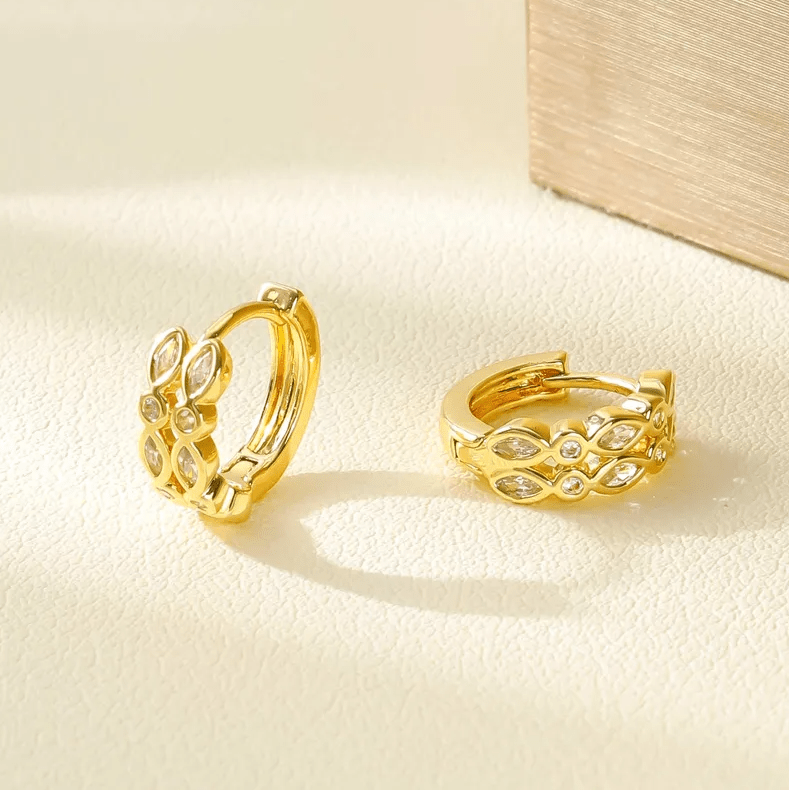 Gold Zircon Leaf Huggie Earrings - - 18k Gold Plated Waterproof Jewellery - Collection 9