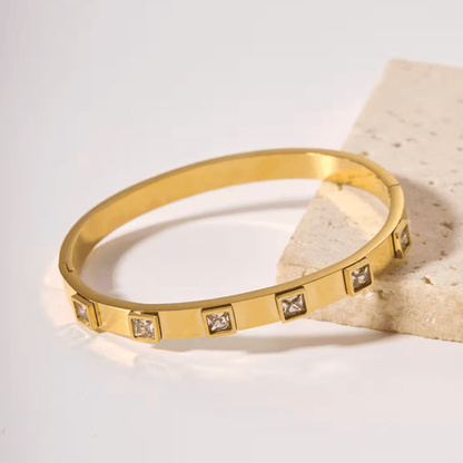 Gold Zircon Square Bangle - Bracelets - 18k Gold Plated Waterproof Jewellery - Collection 9