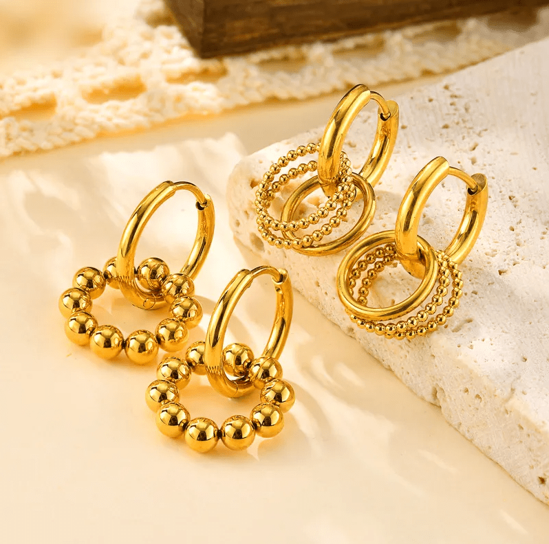 Golden Beaded Hoop Earrings - Earrings - 18k Gold Plated Waterproof Jewellery - Collection 9