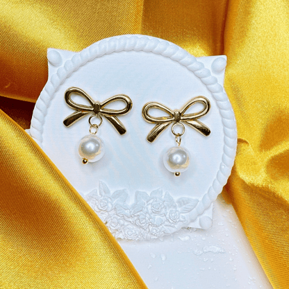 Golden Bow White Pearl Drop Earrings - Earrings - 18k Gold Plated Waterproof Jewellery - Collection 9