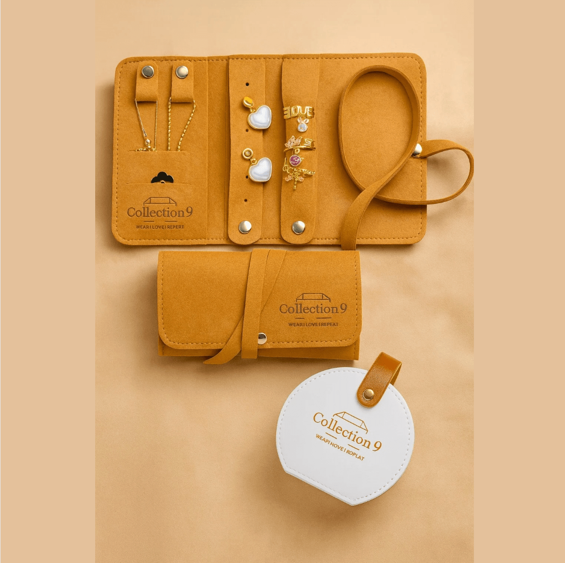 Golden Brown Travel Jewelry Roll Organizer - Accessories - 18k Gold Plated Waterproof Jewellery - Collection 9