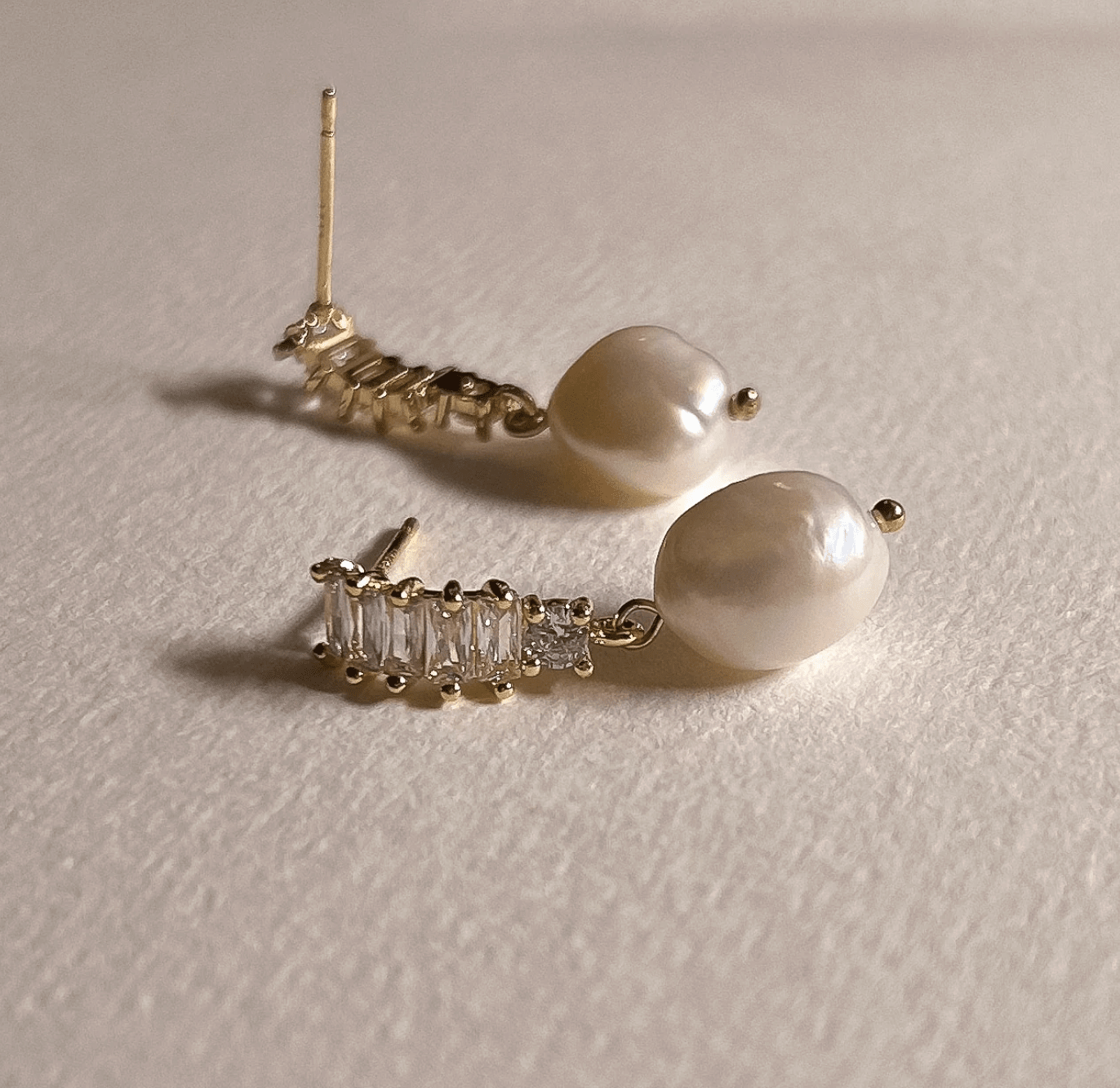 Golden Crystal Bar Freshwater Pearl Stud Earrings - - 18k Gold Plated Waterproof Jewellery - Collection 9