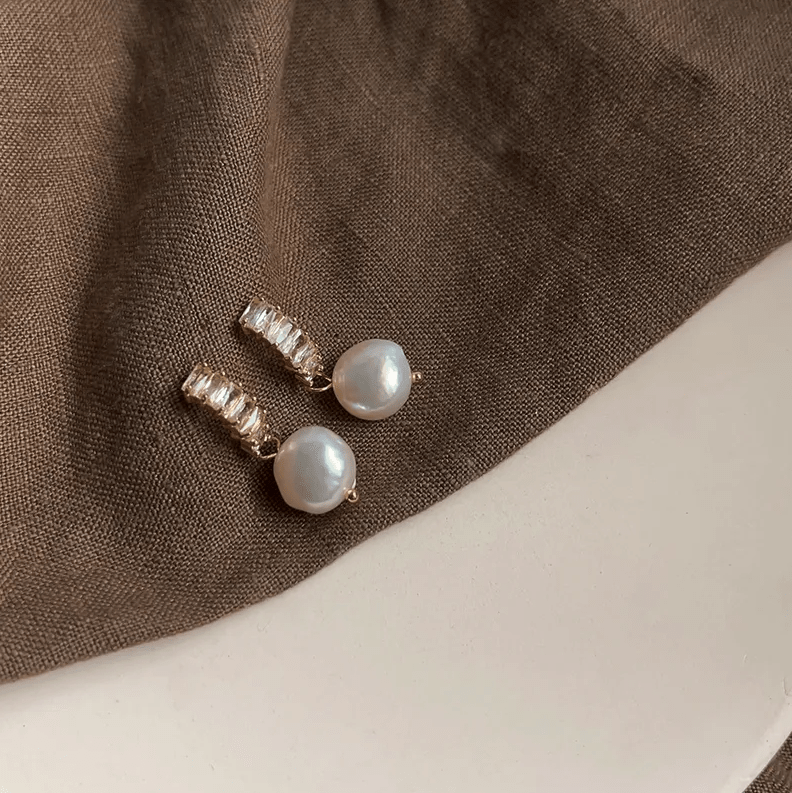 Golden Crystal Bar Freshwater Pearl Stud Earrings - - 18k Gold Plated Waterproof Jewellery - Collection 9