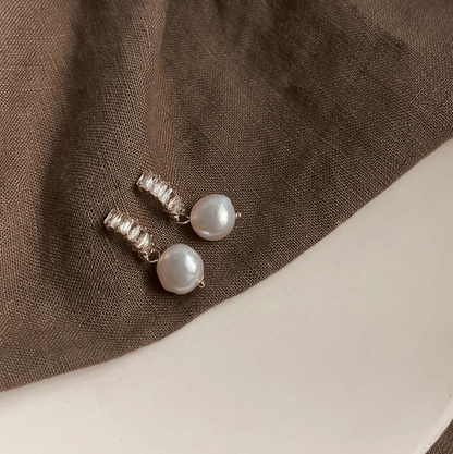 Golden Crystal Bar Freshwater Pearl Stud Earrings - - 18k Gold Plated Waterproof Jewellery - Collection 9