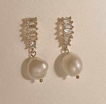 Golden Crystal Bar Freshwater Pearl Stud Earrings - - 18k Gold Plated Waterproof Jewellery - Collection 9