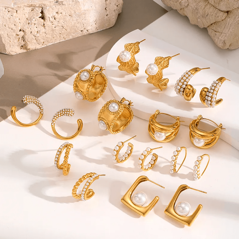 Golden Pearl Square Stud Earrings - Earrings - 18k Gold Plated Waterproof Jewellery - Collection 9
