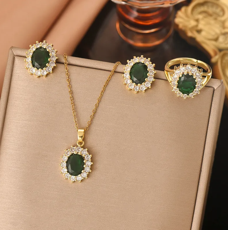 Green Gold Emerald Halo Jewellery Set - Jewellery Set - 18k Gold Plated Waterproof Jewellery - Collection 9