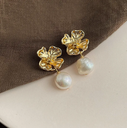 Gold Flower Freshwater Pearl Drop Earrings - - 18k Gold Plated Waterproof Jewellery - Collection 9