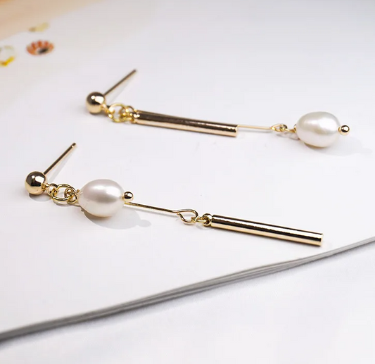 Gold Bar Freshwater Pearl Asymmetric Drop Earrings - - 18k Gold Plated Waterproof Jewellery - Collection 9