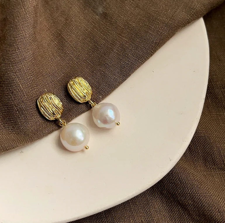 Gold Brushed Oval Freshwater Pearl Drop Earrings - - 18k Gold Plated Waterproof Jewellery - Collection 9