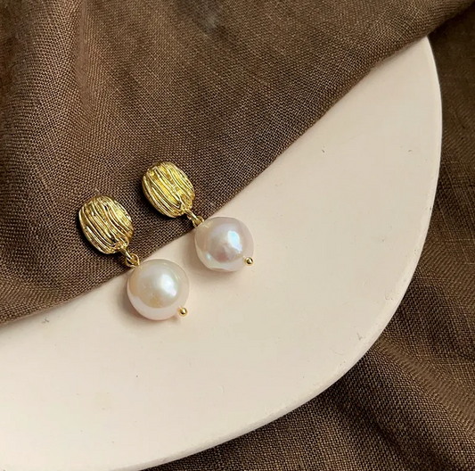 Gold Brushed Oval Freshwater Pearl Drop Earrings - - 18k Gold Plated Waterproof Jewellery - Collection 9