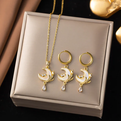 Gold White Moon Teardrop Jewellery Set - Jewellery Set - 18k Gold Plated Waterproof Jewellery - Collection 9