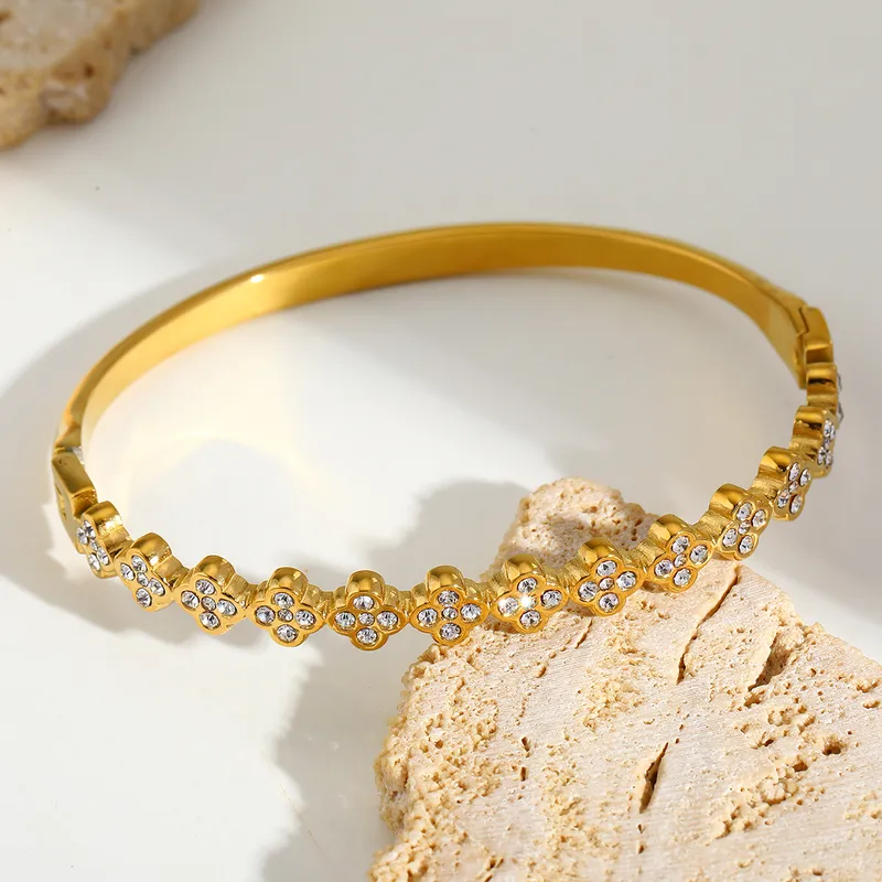 Gold Crystal Flower Bead Bangle - Bracelet - 18k Gold Plated Waterproof Jewellery - Collection 9