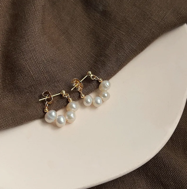 Gold Freshwater Pearl Cluster Huggie Earrings - - 18k Gold Plated Waterproof Jewellery - Collection 9