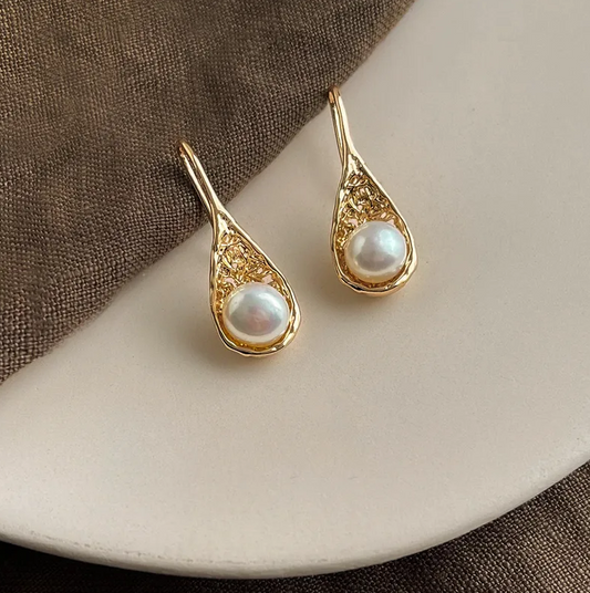 Gold Filigree Teardrop Freshwater Pearl Stud Earrings - - 18k Gold Plated Waterproof Jewellery - Collection 9