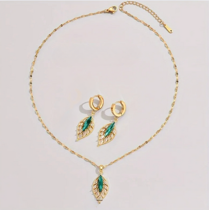 Gold Emerald Green Leaf Jewellery Set - Jewellery Set - 18k Gold Plated Waterproof Jewellery - Collection 9