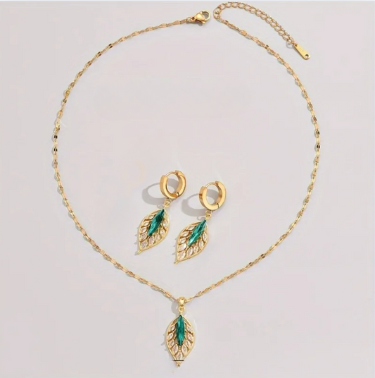 Gold Emerald Green Leaf Jewellery Set - Jewellery Set - 18k Gold Plated Waterproof Jewellery - Collection 9