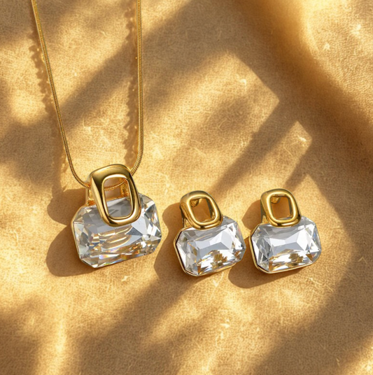Gold Clear Crystal Jewellery Set - Jewellery Set - 18k Gold Plated Waterproof Jewellery - Collection 9